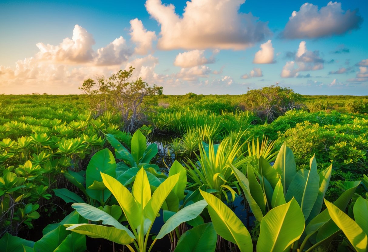 A lush, vibrant scene of diverse plant life within the Everglades, with various species of flora and fauna coexisting in their natural habitats