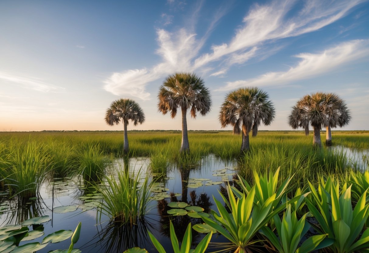 A diverse array of native plants, including sawgrass, cypress trees, and water lilies, thrive in the wetland habitat of the Everglades