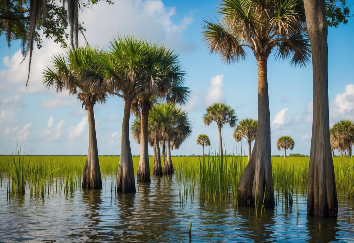 Lush green mangroves thrive in the brackish water, while sawgrass and cypress trees stand tall in the humid, subtropical climate of the Everglades