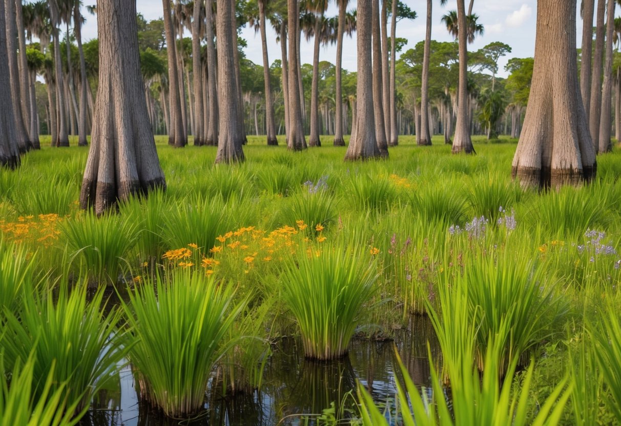 Lush green sawgrass and colorful wildflowers thrive in the wetland, while cypress trees tower above, creating a diverse and vibrant ecosystem