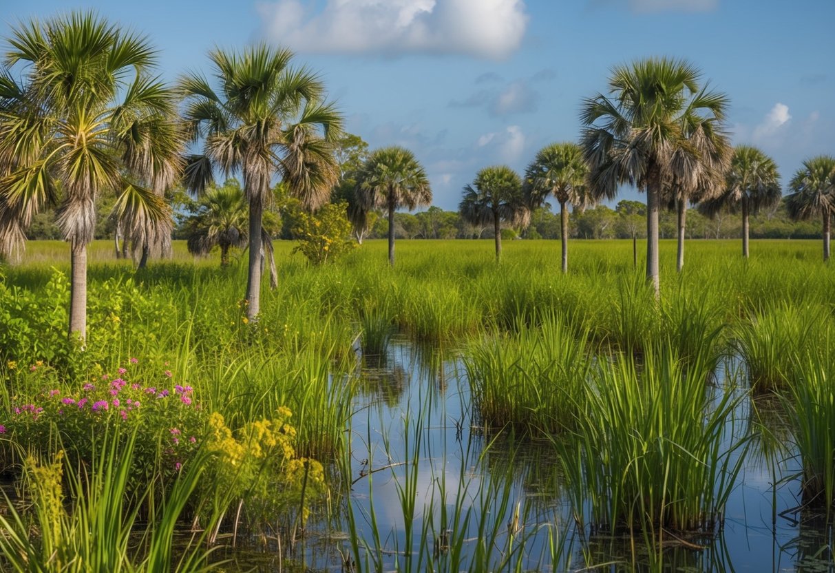 A lush, marshy landscape teeming with diverse plant life. Palm trees, sawgrass, and colorful wildflowers thrive in the wet, subtropical environment of the Everglades