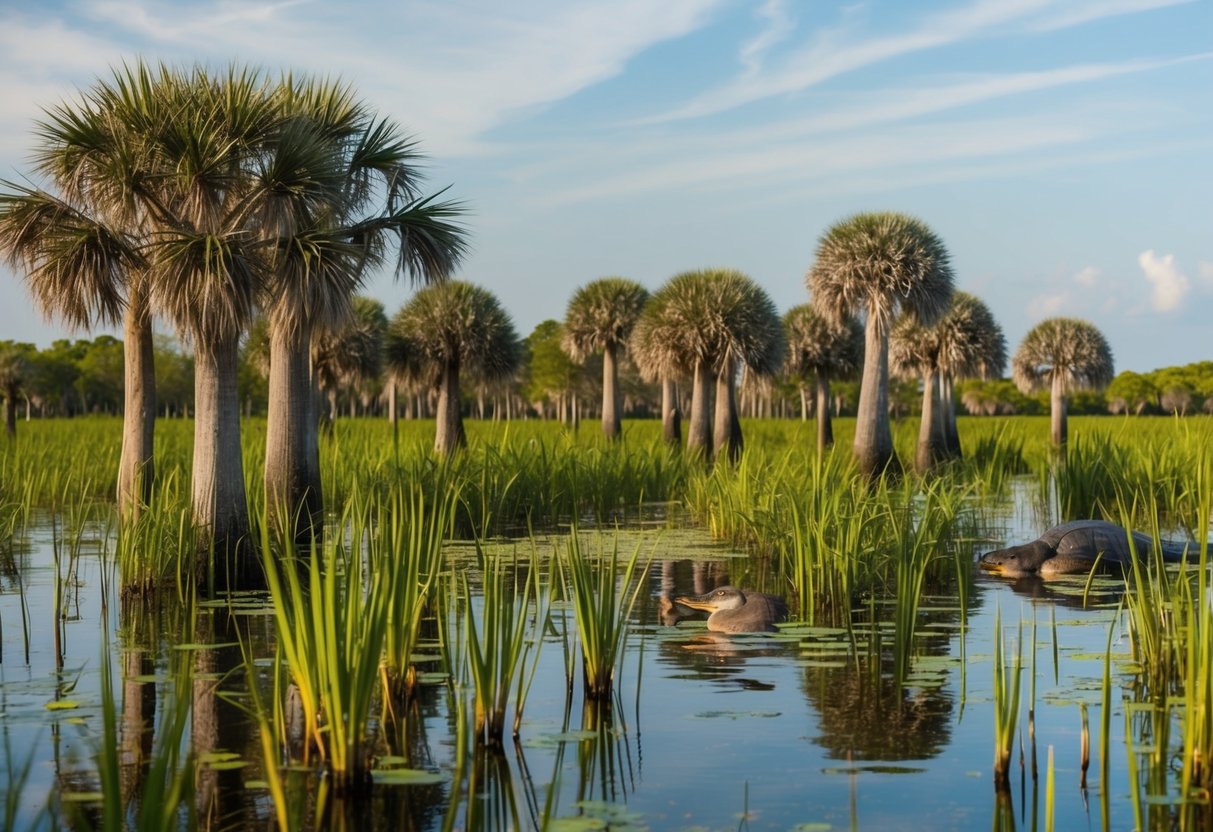 A variety of native plants thrive in the Everglades, including sawgrass, cypress trees, and water lilies. Wildlife such as alligators, turtles, and wading birds can also be seen among the vegetation