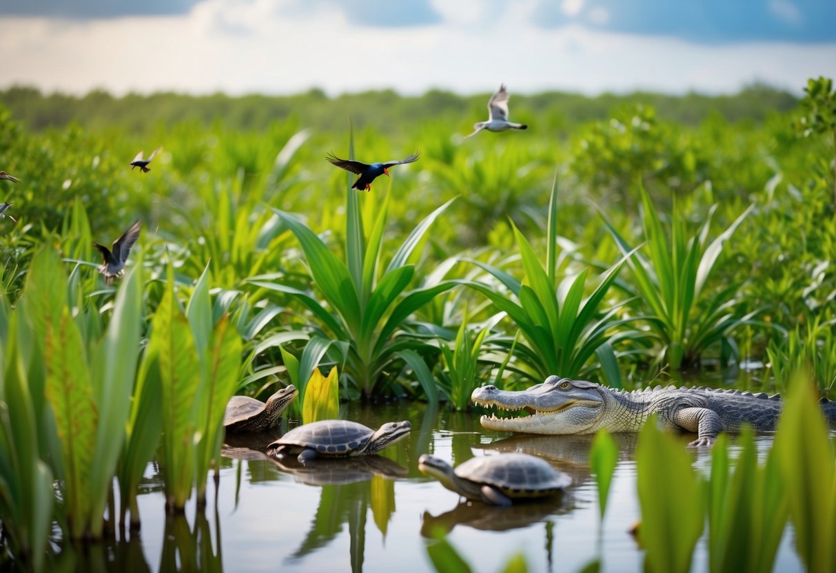 A variety of animals coexist amongst lush green plants in the Everglades, including alligators, turtles, birds, and insects