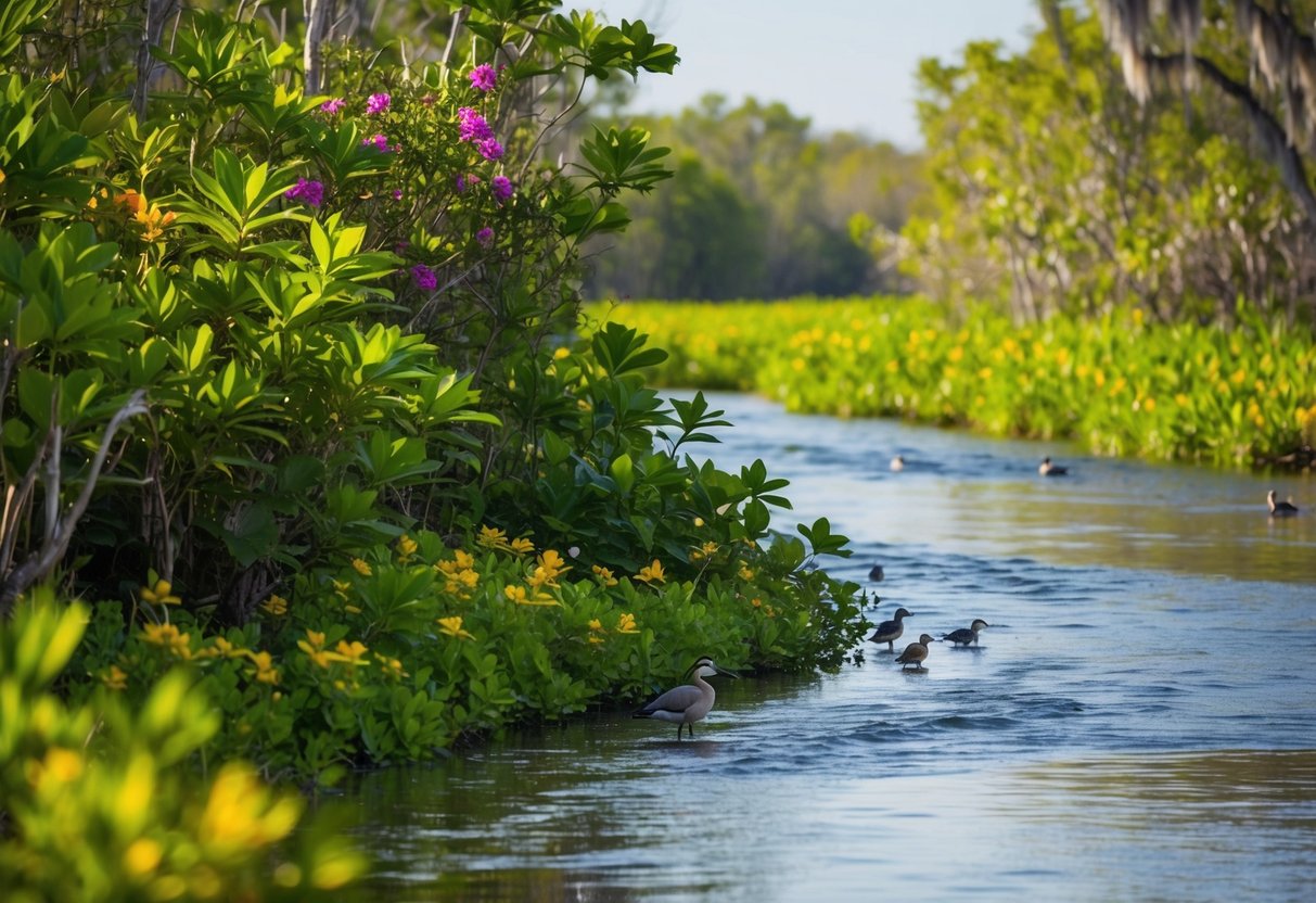 Lush greenery and colorful flowers surround a winding river, with birds and small animals peeking out from the foliage in the Everglades