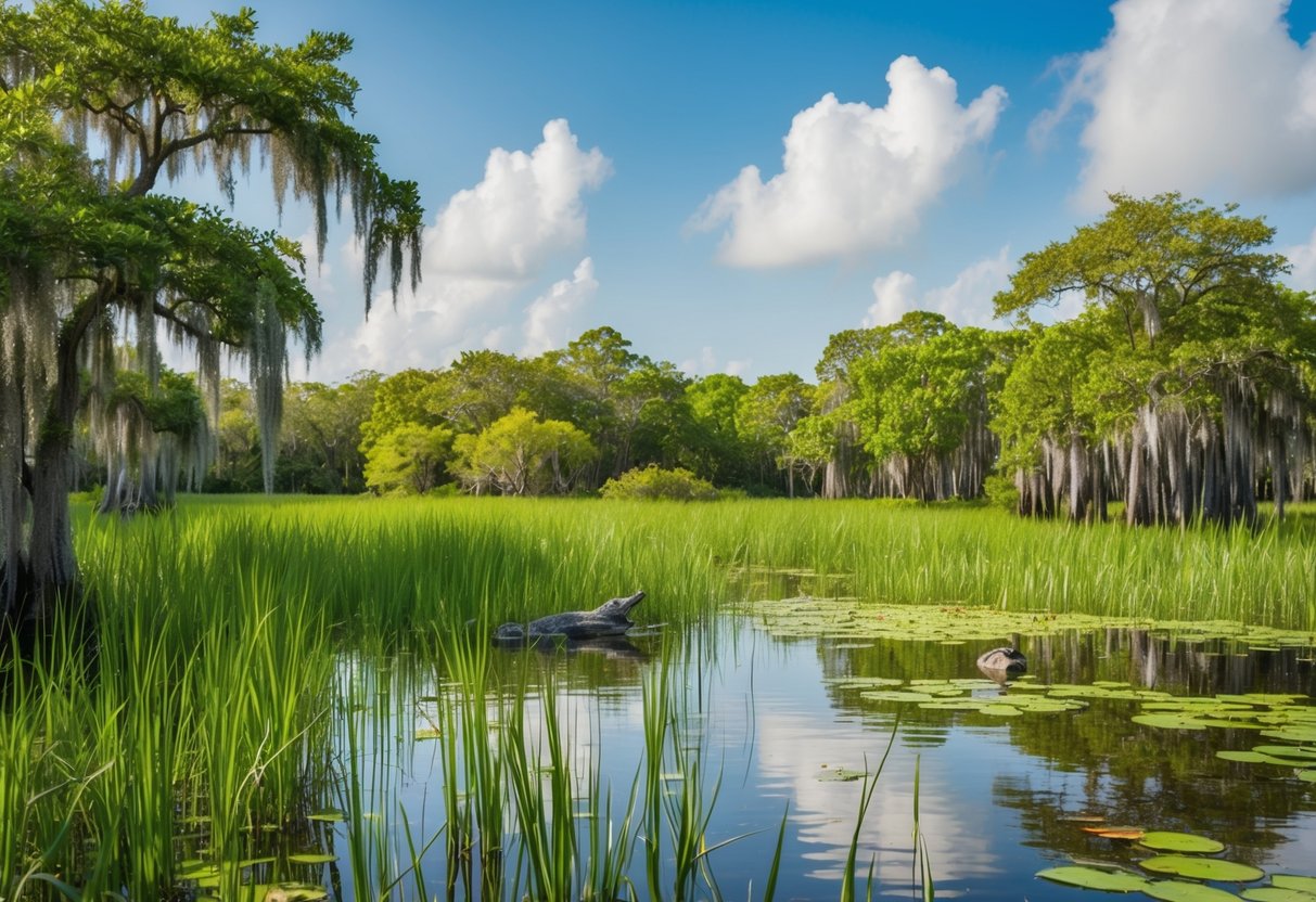 Lush greenery of the Everglades with diverse plant life, including sawgrass, cypress trees, and water lilies. Wildlife such as alligators and birds are also present