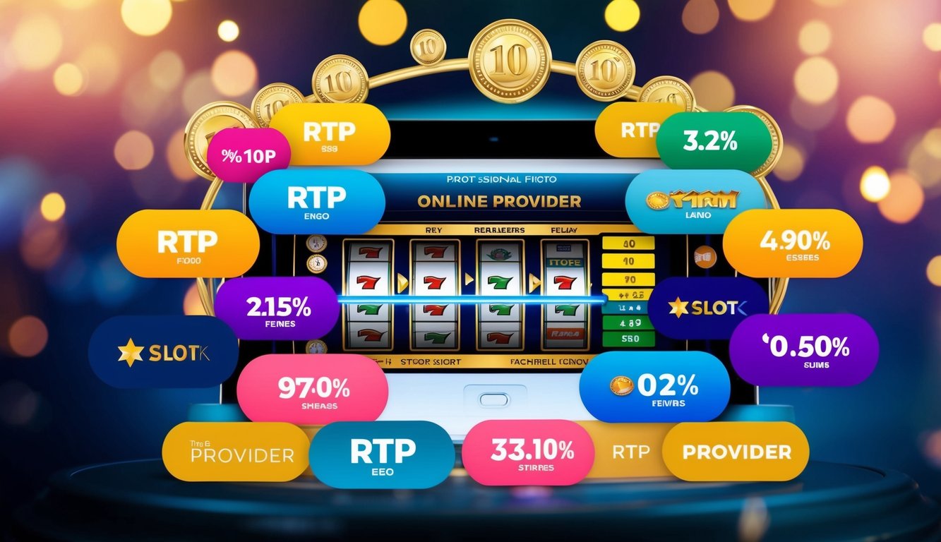 Sebuah mesin slot online yang hidup dikelilingi oleh berbagai logo penyedia teratas, dengan persentase RTP tinggi yang ditampilkan secara mencolok