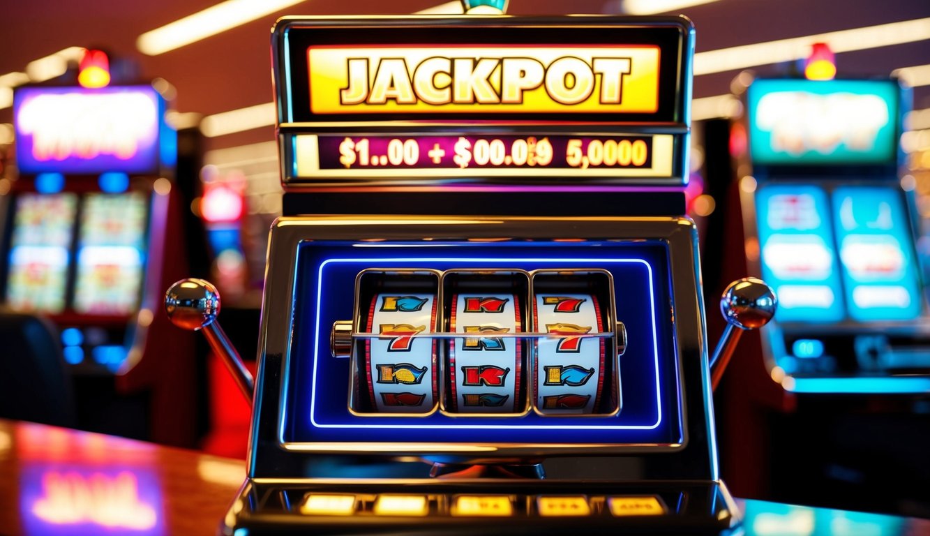 Mesin slot online berwarna-warni dengan lampu berkedip dan jackpot yang terus bertambah