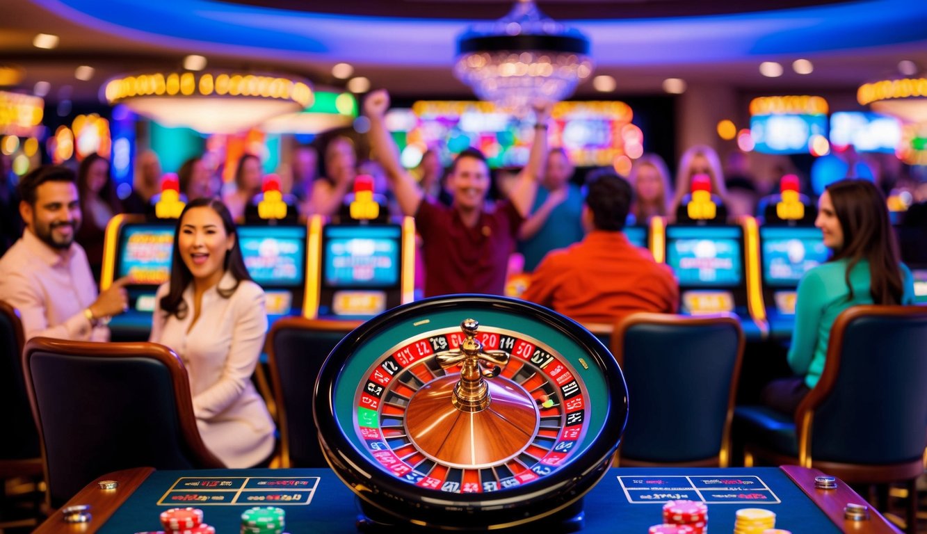 Sebuah kasino online yang berwarna-warni dan penuh semangat dengan mesin slot yang berputar dan roda roulette dikelilingi oleh pemain yang bersemangat