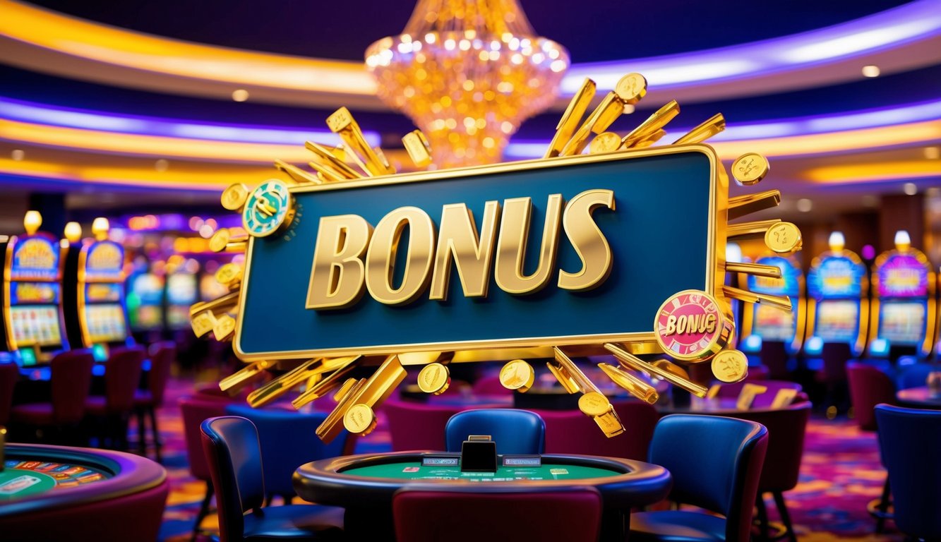 Sebuah kasino online yang hidup dengan tanda bonus besar, dikelilingi oleh mesin slot berwarna-warni dan meja, dengan suasana yang ramai dan sibuk