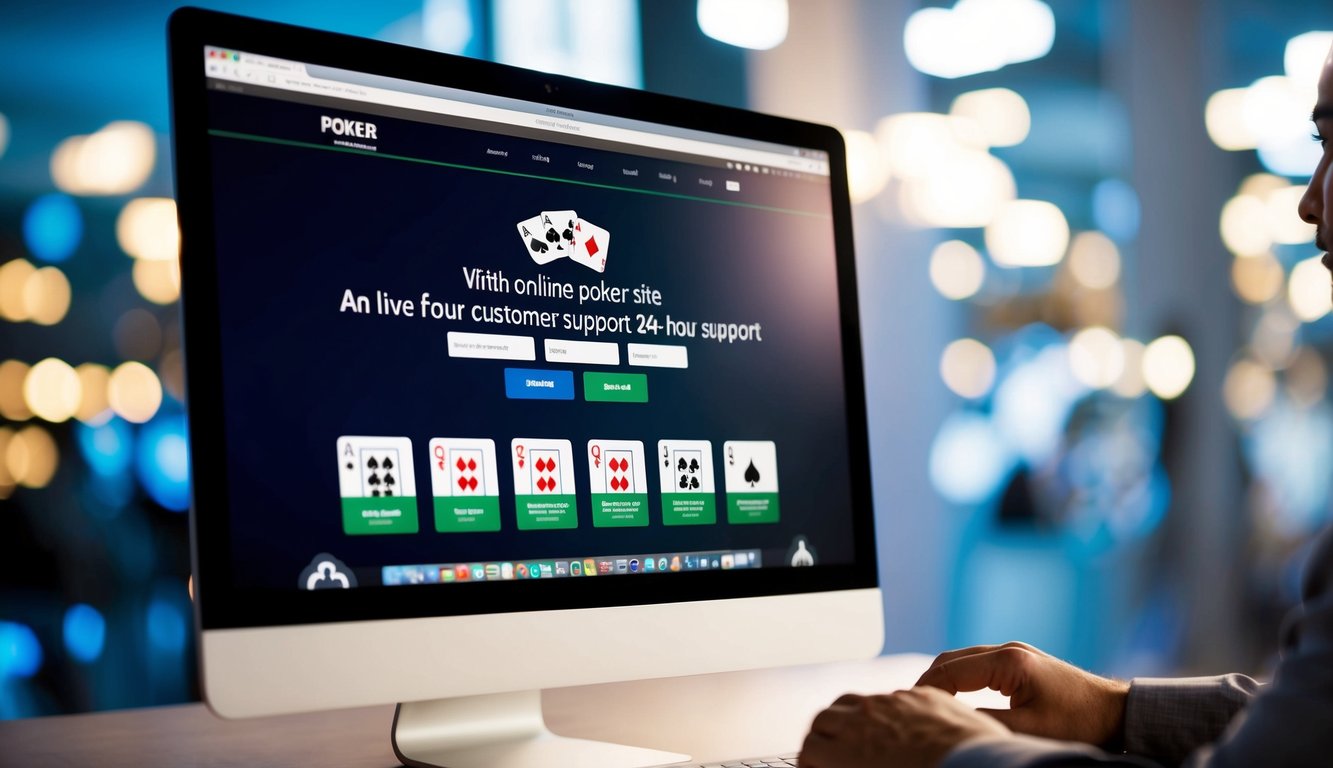 Sebuah layar komputer yang menampilkan situs poker online dengan fitur obrolan langsung dan dukungan pelanggan 24 jam