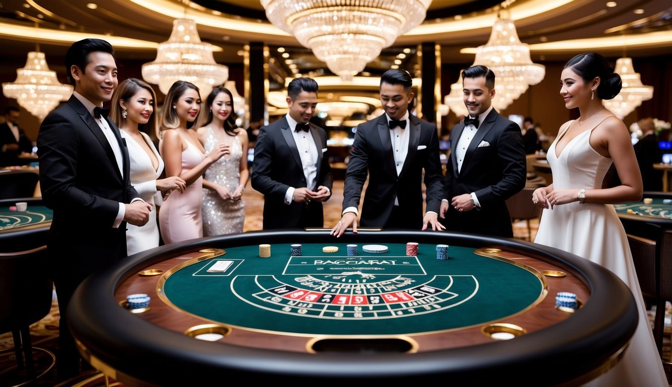 Sebuah pengaturan kasino mewah dengan meja baccarat yang dikelilingi oleh pemain yang berpakaian elegan dan seorang dealer. Lampu gantung yang bersinar dan suasana yang canggih melengkapi pemandangan tersebut.