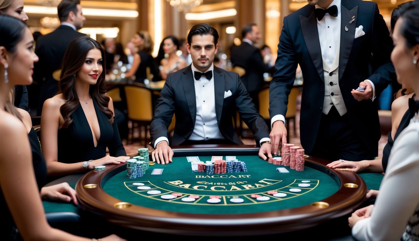 Sebuah meja baccarat mewah dengan kartu dan chip yang elegan, dikelilingi oleh pemain yang perhatian dan dealer yang canggih