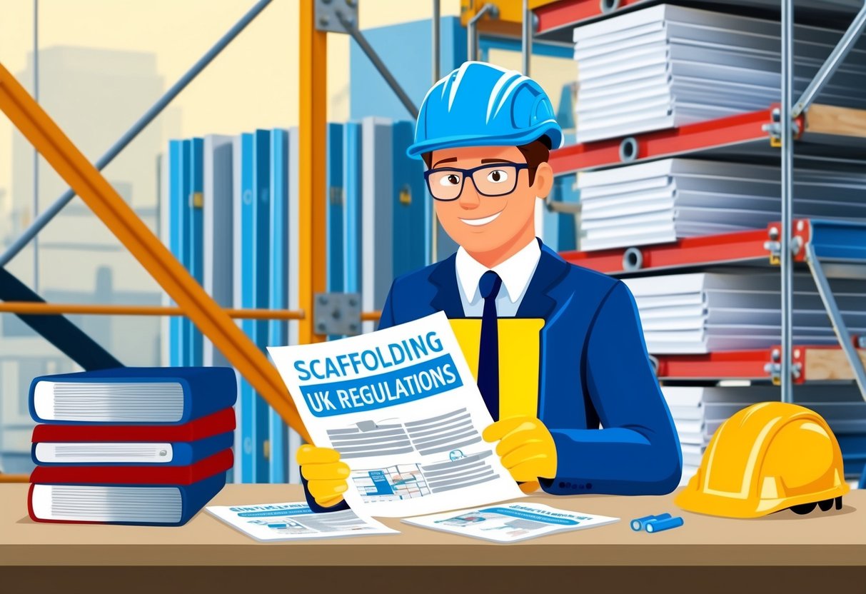 A scaffolding company manager reviewing UK regulations, with a stack of documents and safety equipment in the background