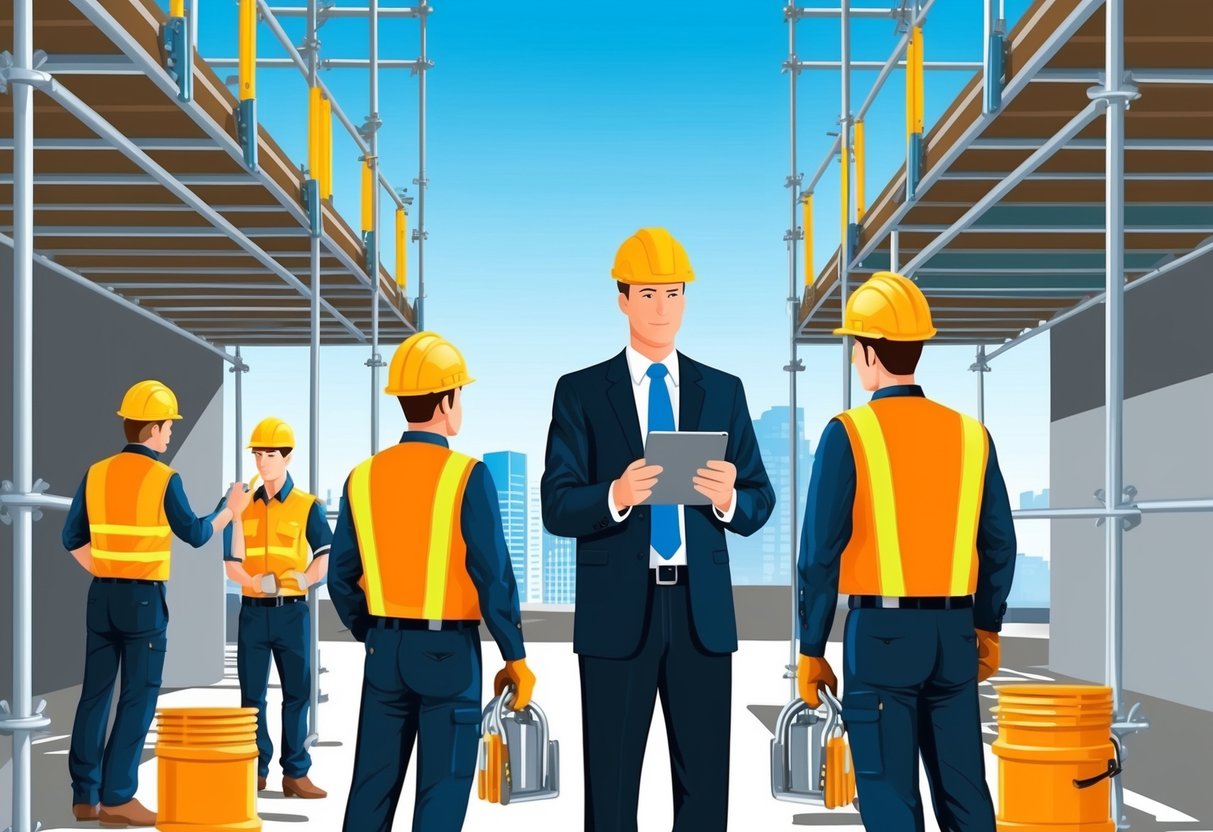 A scaffolding company manager reviews UK regulations and safety protocols, while workers inspect and maintain equipment on a construction site
