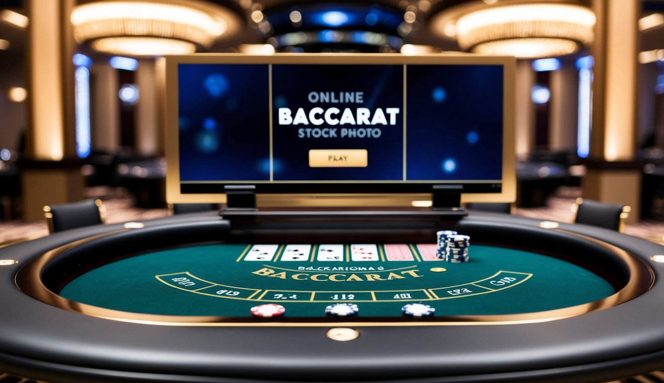 Sebuah meja Baccarat online yang ramping dan modern dengan kartu dan chip virtual, dikelilingi oleh latar belakang suasana kasino yang mewah