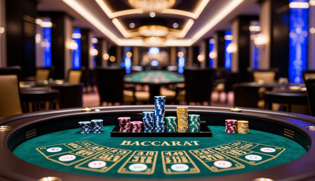 Sebuah meja baccarat mewah di latar belakang dekorasi kasino yang elegan, dengan kartu dan chip disusun dengan rapi dan menarik.