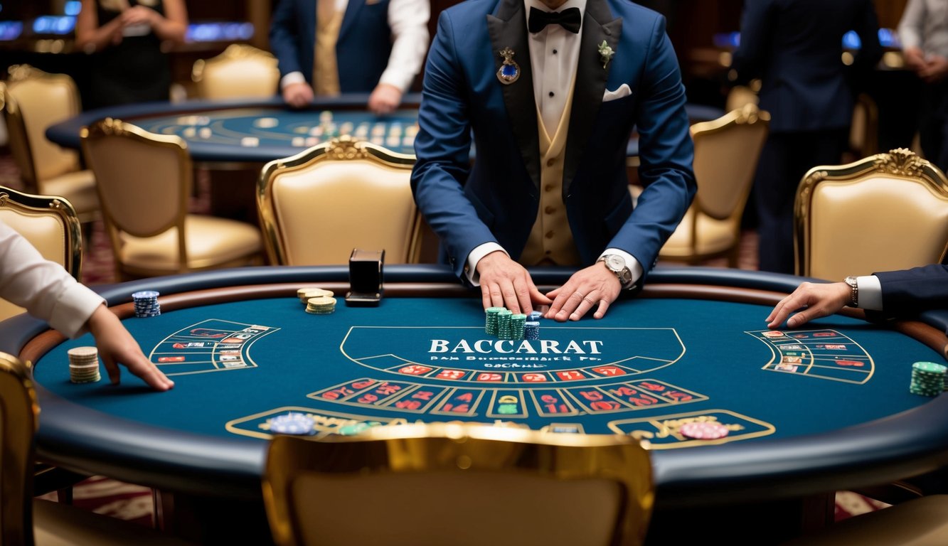 Sebuah meja baccarat yang ramping dikelilingi oleh kursi-kursi elegan, dengan seorang dealer profesional dan pemain yang terlibat dalam permainan di kasino langsung