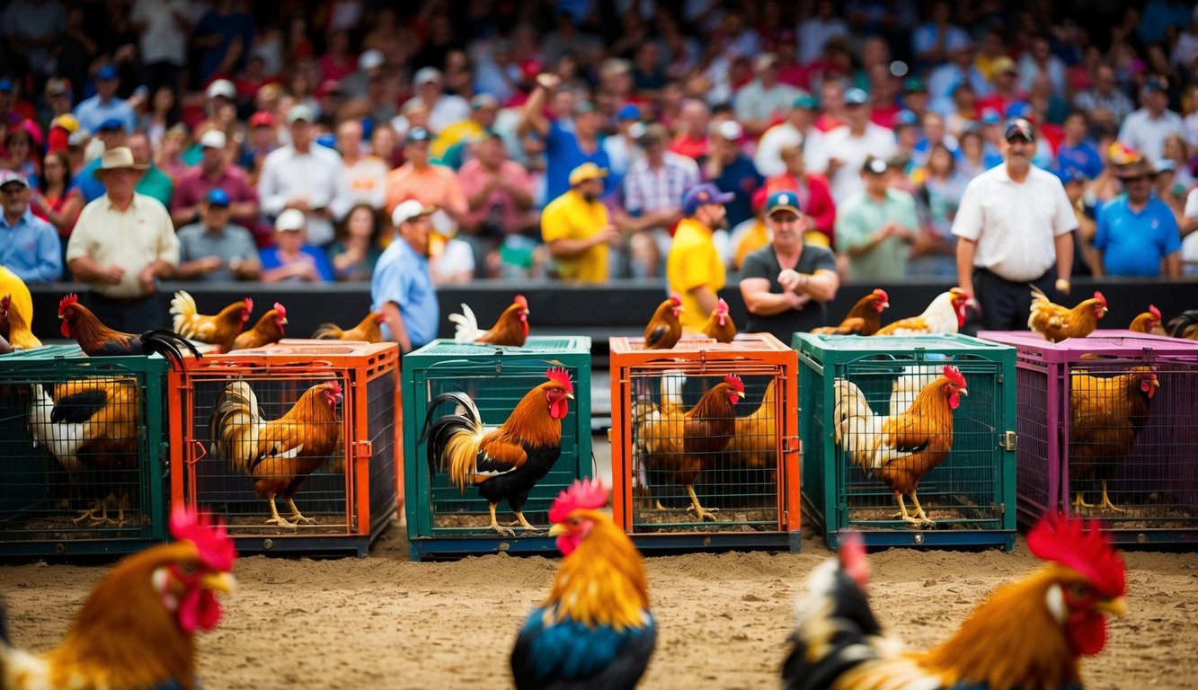 Sebuah arena yang ramai dengan ayam jantan berwarna-warni di dalam kandang terpisah, dikelilingi oleh penonton yang antusias