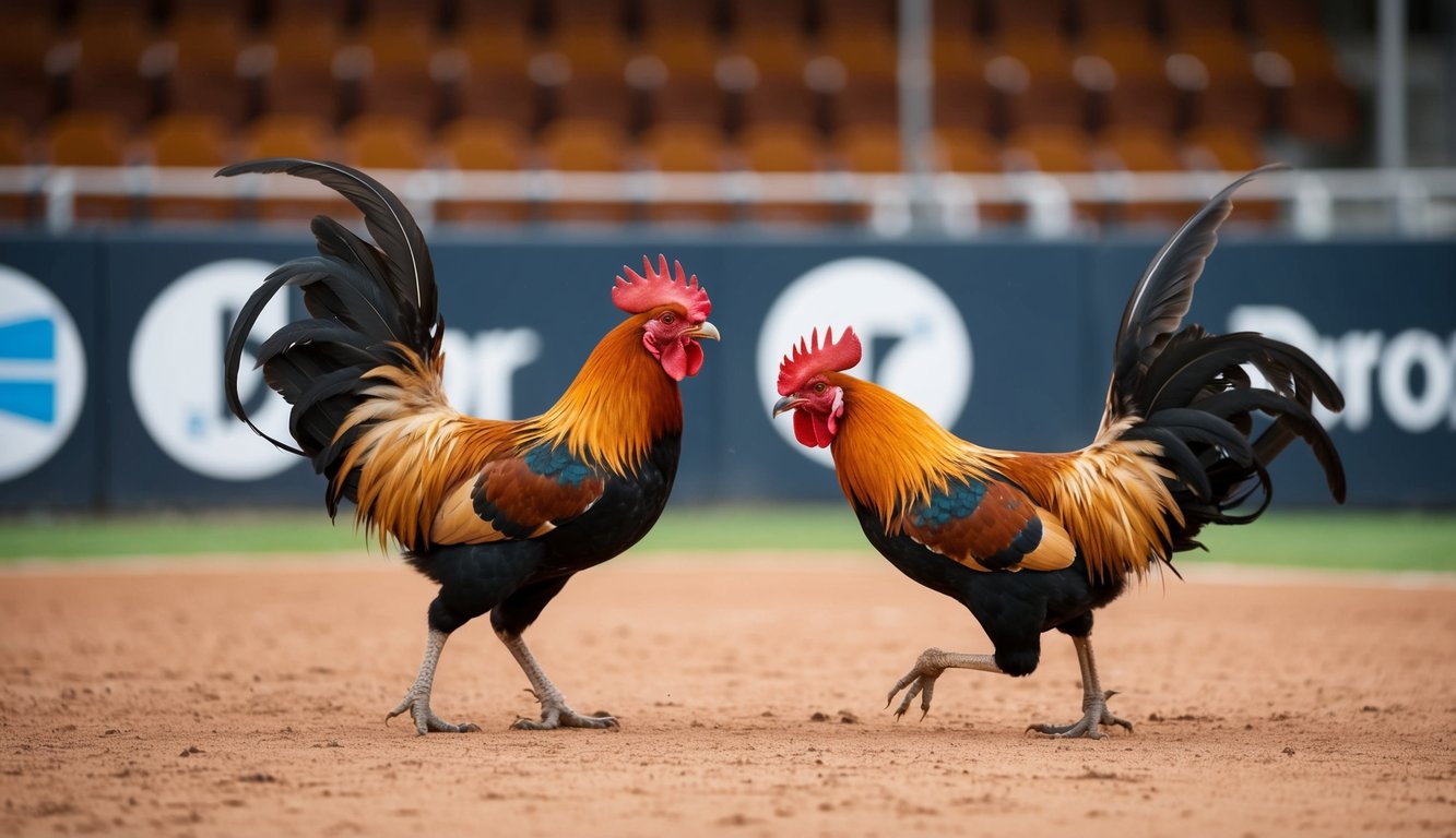 Dua ayam jantan bertarung di arena yang aman dan pribadi, memastikan keamanan dan kerahasiaan data para pemain