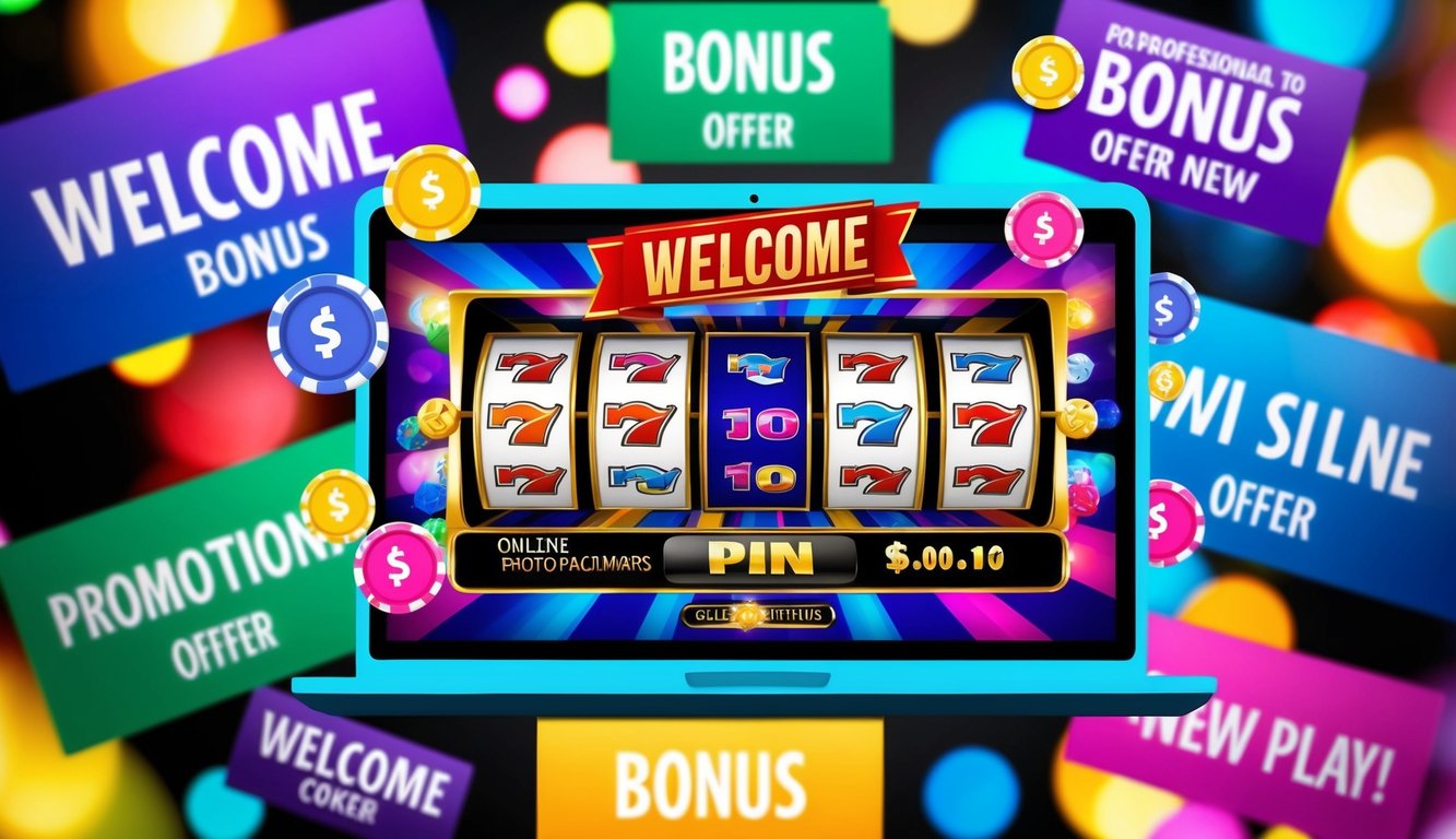 Sebuah mesin slot online yang cerah dikelilingi oleh spanduk promosi berwarna-warni dan tawaran bonus selamat datang untuk pemain baru