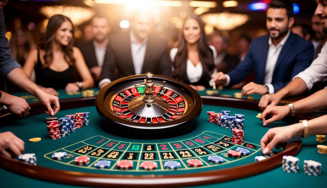 Roda roulette berputar saat chip diletakkan di meja, dikelilingi oleh pemain yang antusias dan suasana yang tegang