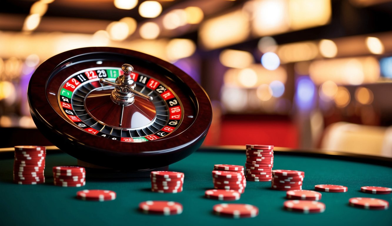 Sebuah roda roulette berputar dengan chip yang tersebar di sekitarnya