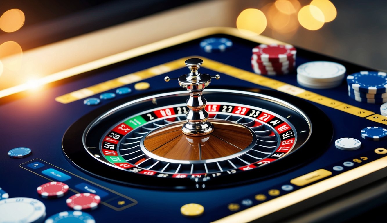 Roda roulette digital berputar di layar yang bersinar, dikelilingi oleh chip taruhan virtual dan antarmuka yang ramping