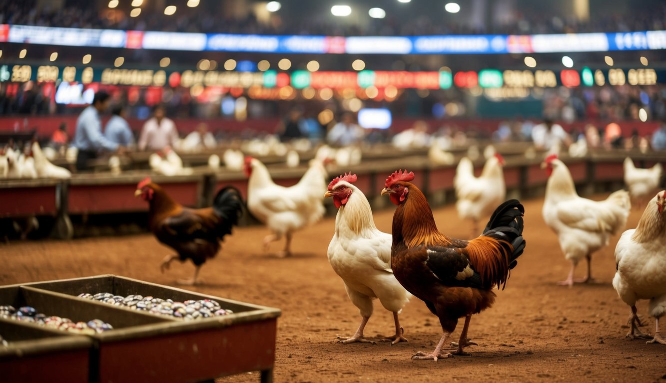 Sebuah arena sabung ayam yang ramai dengan berbagai opsi taruhan dan pasar besar