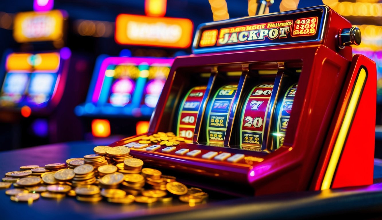 Sebuah mesin slot yang cerah dengan lampu berkedip dan koin yang tumpah saat jackpot dimenangkan