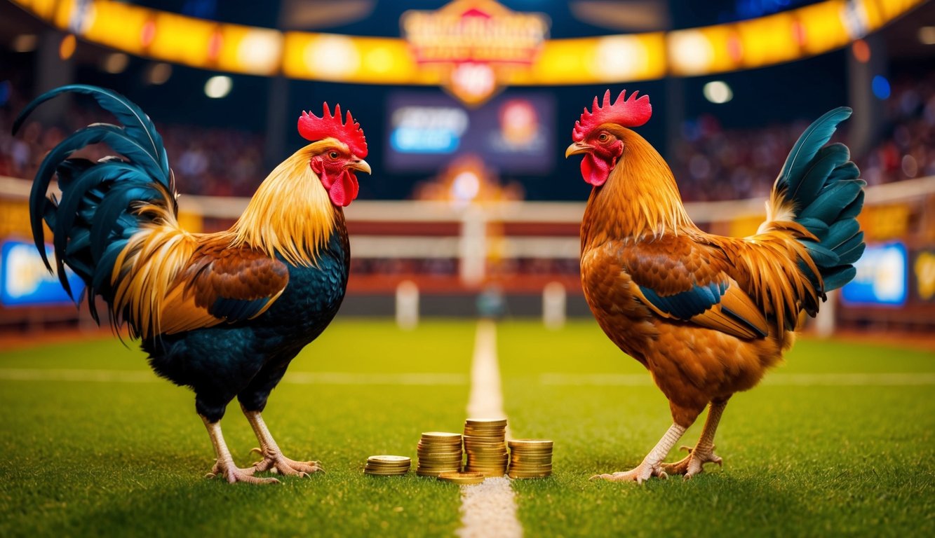 Seekor ayam jantan dan induk ayam yang berhadapan di arena sabung ayam online yang ramai dan penuh warna dengan bonus dan promosi menarik untuk pemain baru