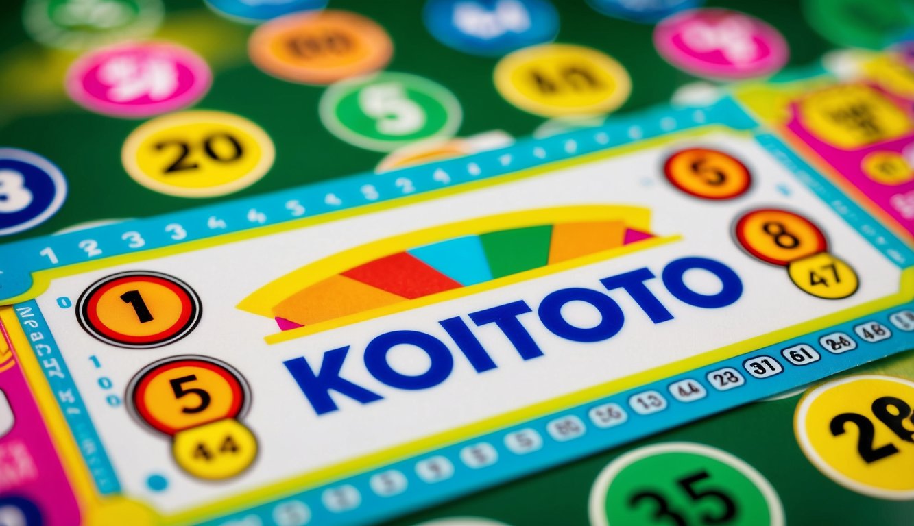 Sebuah tiket lotere yang berwarna-warni dan cerah dengan logo "Koitoto" dikelilingi oleh berbagai simbol dan angka keberuntungan