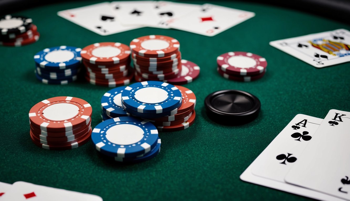 Sekumpulan chip poker tersebar di atas meja felt hijau, dikelilingi oleh kartu permainan dan tombol dealer