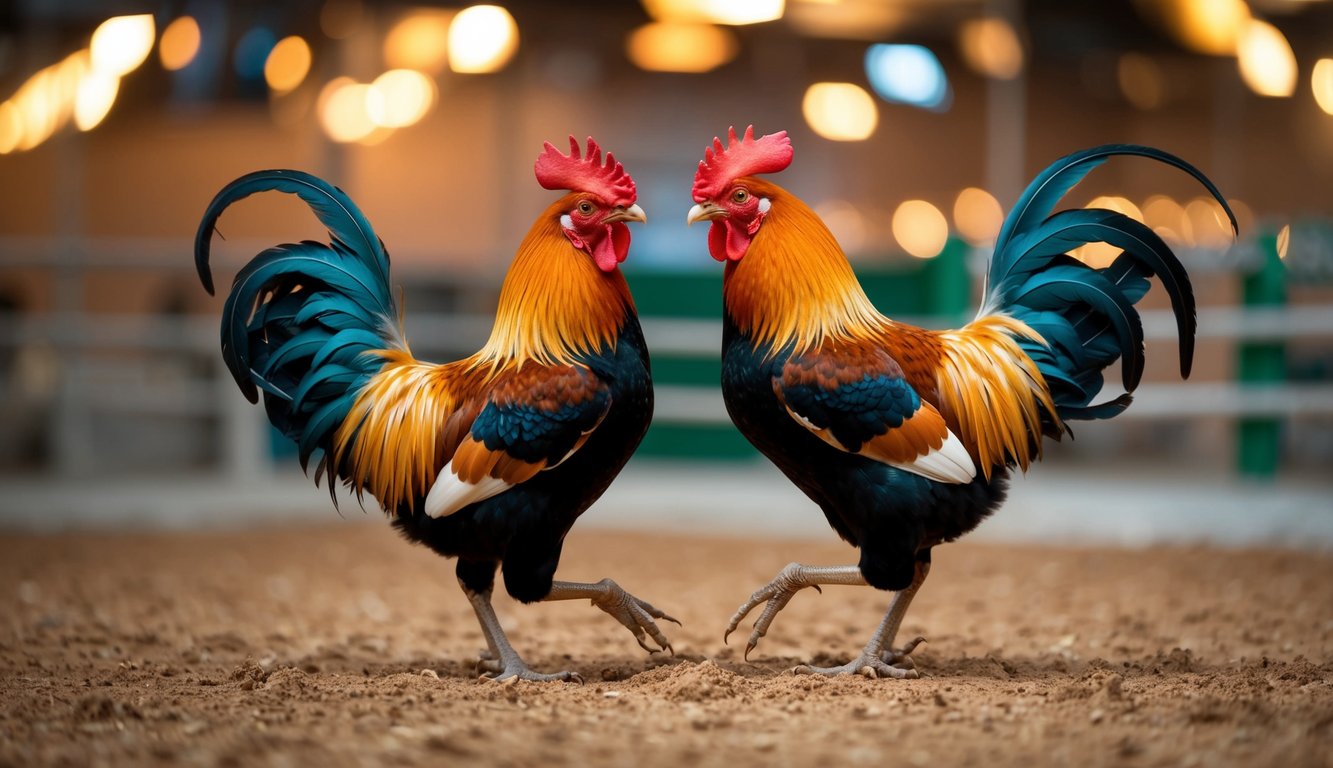 Dua ayam jantan terlibat dalam pertarungan ayam yang hidup dan interaktif dengan grafis berkualitas tinggi