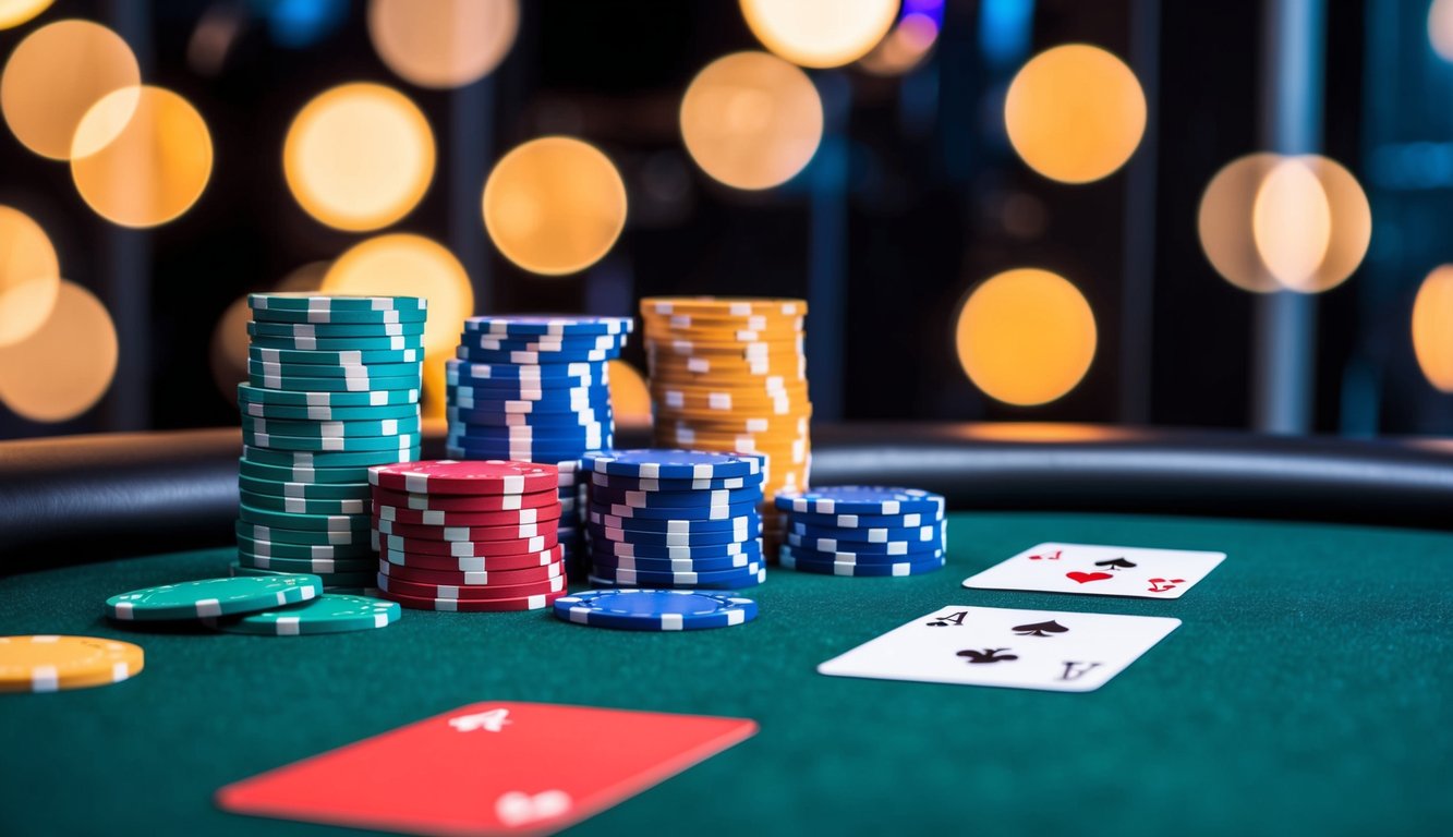 Sebuah meja poker online yang hidup dengan chip dan kartu berwarna-warni, dikelilingi latar belakang yang ramping dan modern