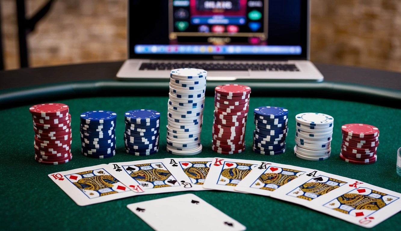 Sekelompok chip poker yang disusun di atas meja felt hijau, dengan satu dek kartu yang terbentang dan sebuah komputer atau tablet yang menampilkan permainan poker online