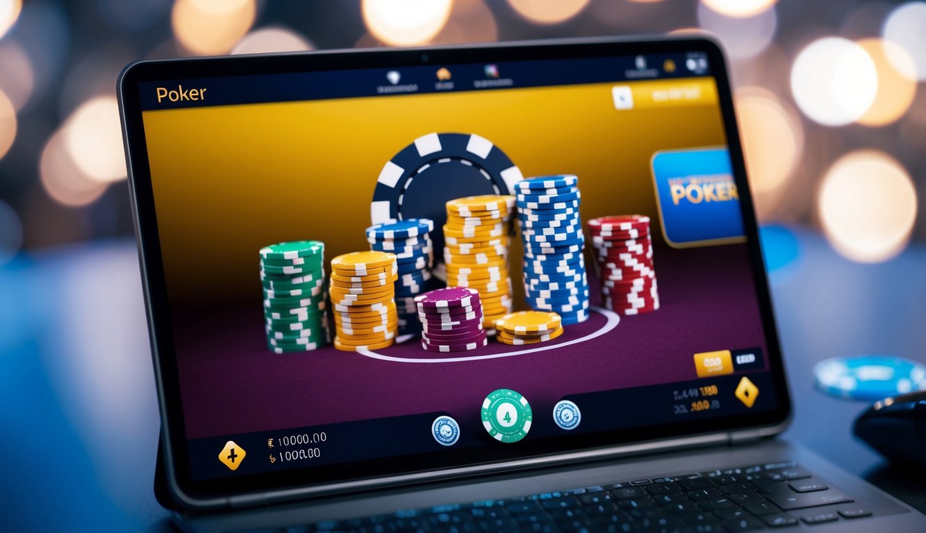 Sebuah permainan poker virtual tanpa deposit yang diperlukan, menampilkan chip dan kartu digital yang berwarna-warni pada antarmuka yang ramping dan modern