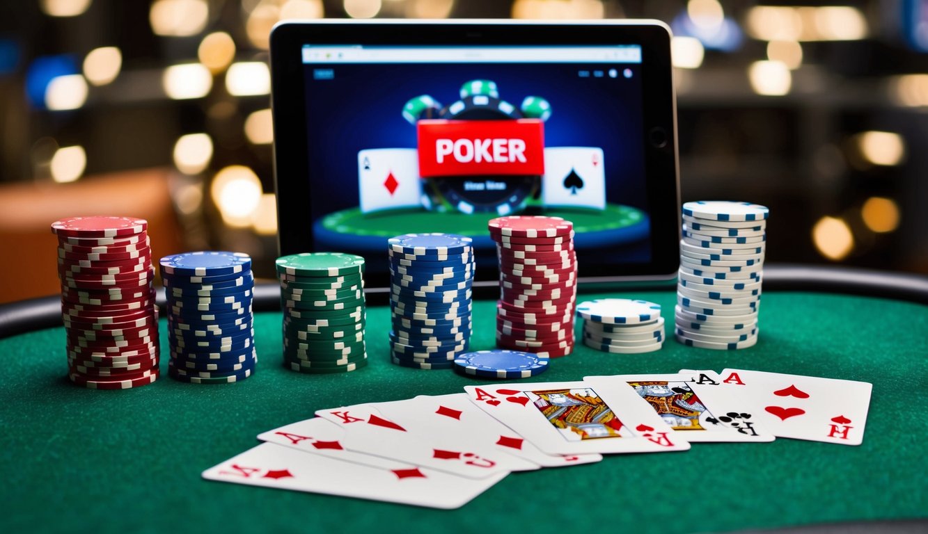 Sekelompok chip poker dan kartu bermain yang disusun di atas meja felt hijau, dengan perangkat digital yang menampilkan antarmuka permainan poker online di latar belakang