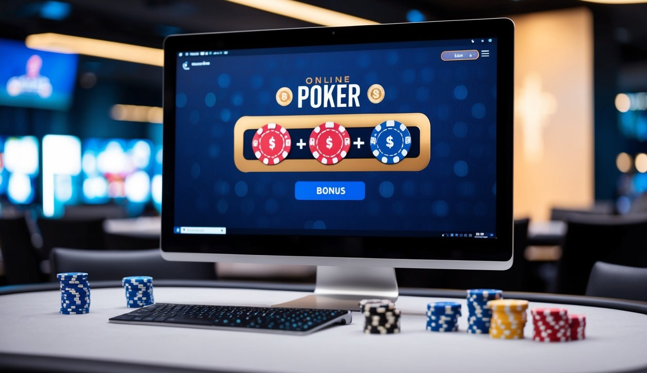 Meja poker digital dengan kartu, chip, dan layar komputer yang menampilkan permainan poker bonus online