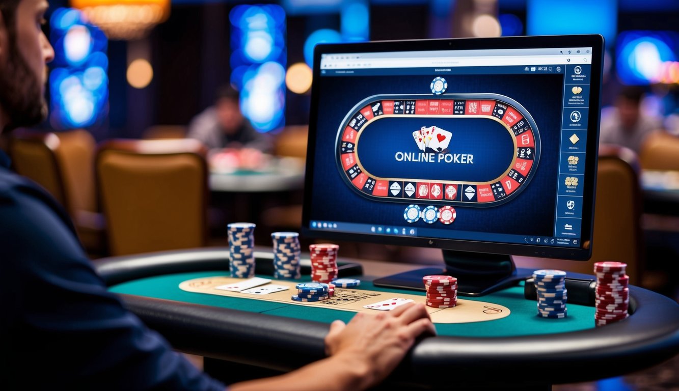 Sebuah meja poker dengan kartu, chip, dan layar komputer yang menampilkan permainan poker online