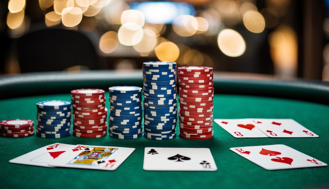 Sekelompok chip poker dan kartu bermain yang disusun di atas meja felt hijau