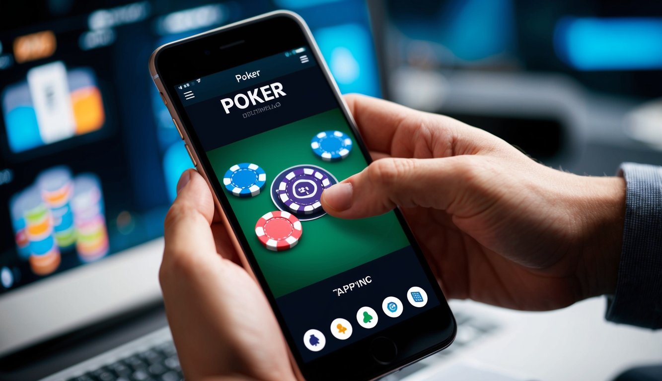 Sebuah smartphone menampilkan aplikasi poker, dengan chip dan kartu virtual di layar. Sebuah tangan yang memegang ponsel terlihat, mengetuk layar untuk memasang taruhan.