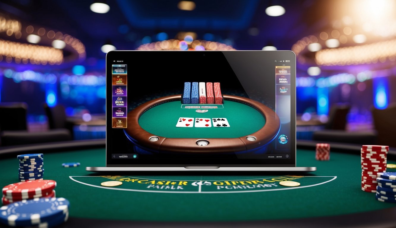 Sebuah layar digital yang menampilkan meja poker dengan kartu dan chip, dikelilingi oleh latar belakang kasino virtual