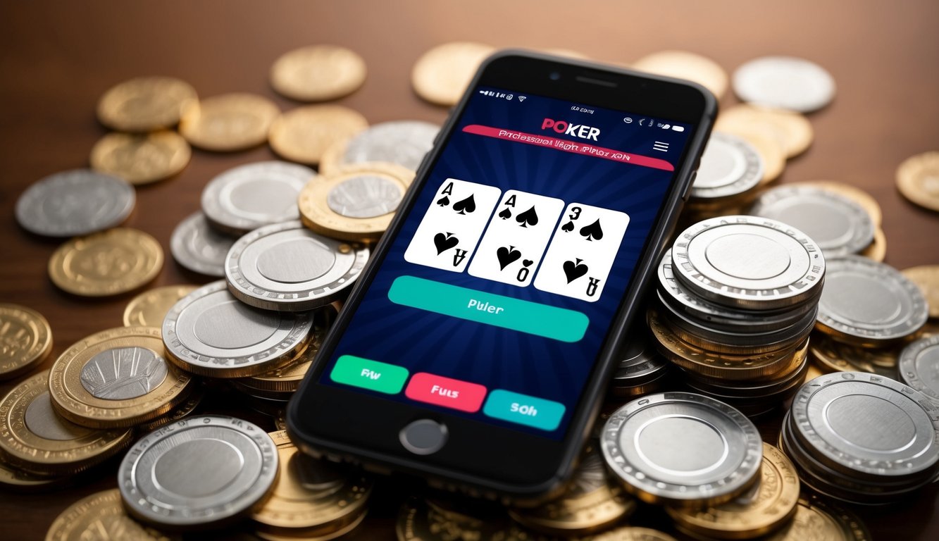 Sebuah smartphone dengan aplikasi poker terbuka, dikelilingi oleh tumpukan pulsa