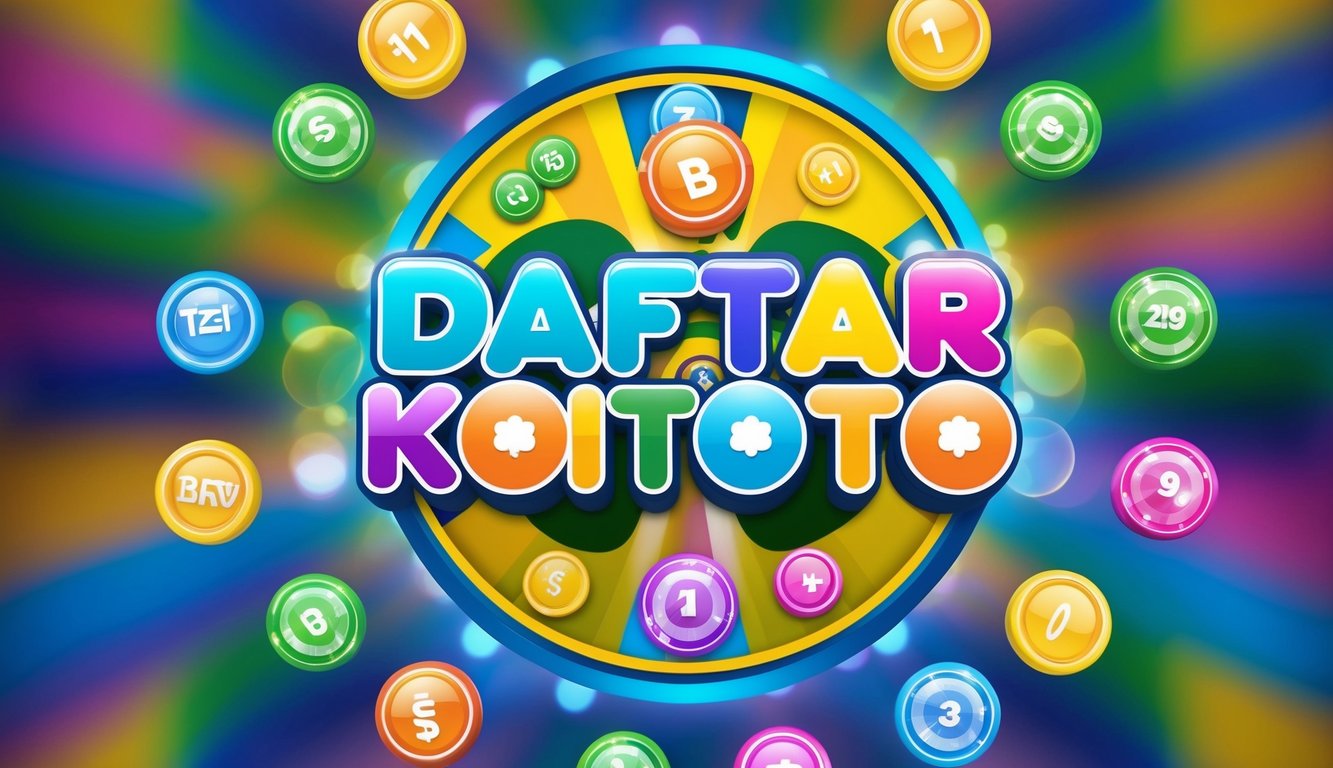 Sebuah situs web yang berwarna-warni dan cerah dengan logo "Daftar KOITOTO" yang ditampilkan secara mencolok di bagian atas, dikelilingi oleh berbagai ikon dan grafik permainan lotere.