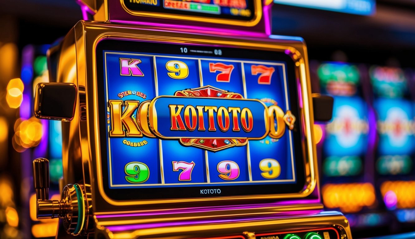 Mesin slot digital yang cerah dan berwarna-warni dengan logo "KOITOTO" yang ditampilkan secara mencolok. Berbagai simbol dan angka berputar di gulungan.