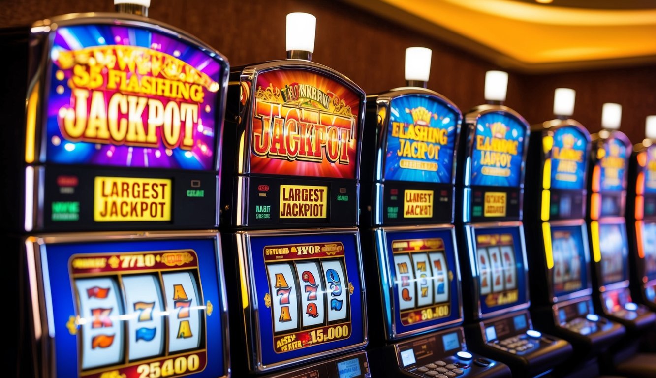 Serangkaian mesin slot berwarna-warni dengan lampu berkedip dan grafik yang menarik, dengan satu mesin menampilkan jackpot terbesar yang tersedia