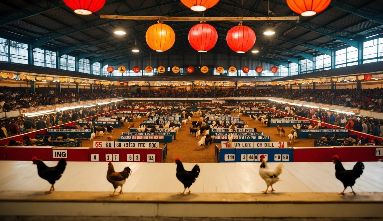 Sebuah arena sabung ayam yang ramai dengan berbagai opsi taruhan dan pasar yang besar