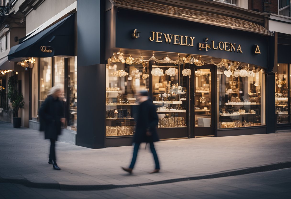 A jewelry store surrounded by local businesses, with a prominent sign displaying the store's name and logo. Customers are entering and leaving the store, and there is a sense of community and trust among the local residents