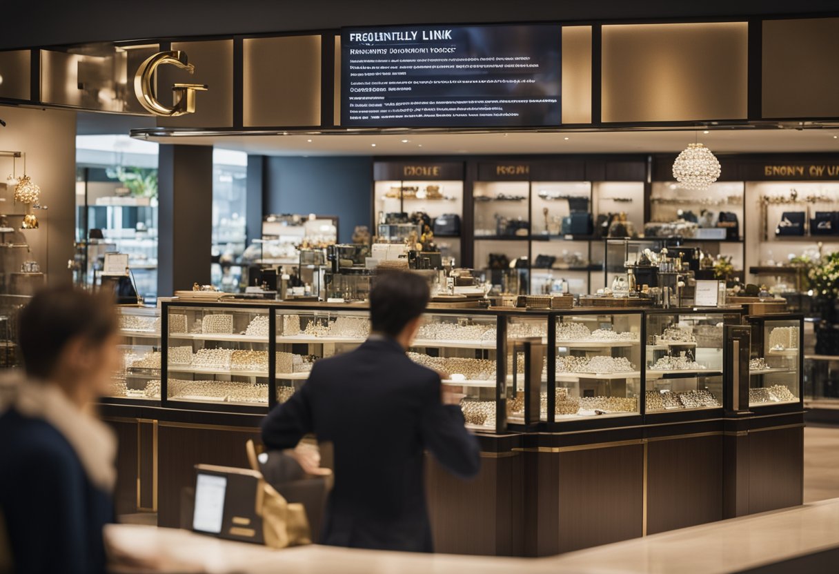 A bustling jewelry store with a prominent sign reading "Frequently Asked Questions Building Local Authority: The Best Link-Building Tactics for Jewelry Stores". Various jewelry displays and customers browsing