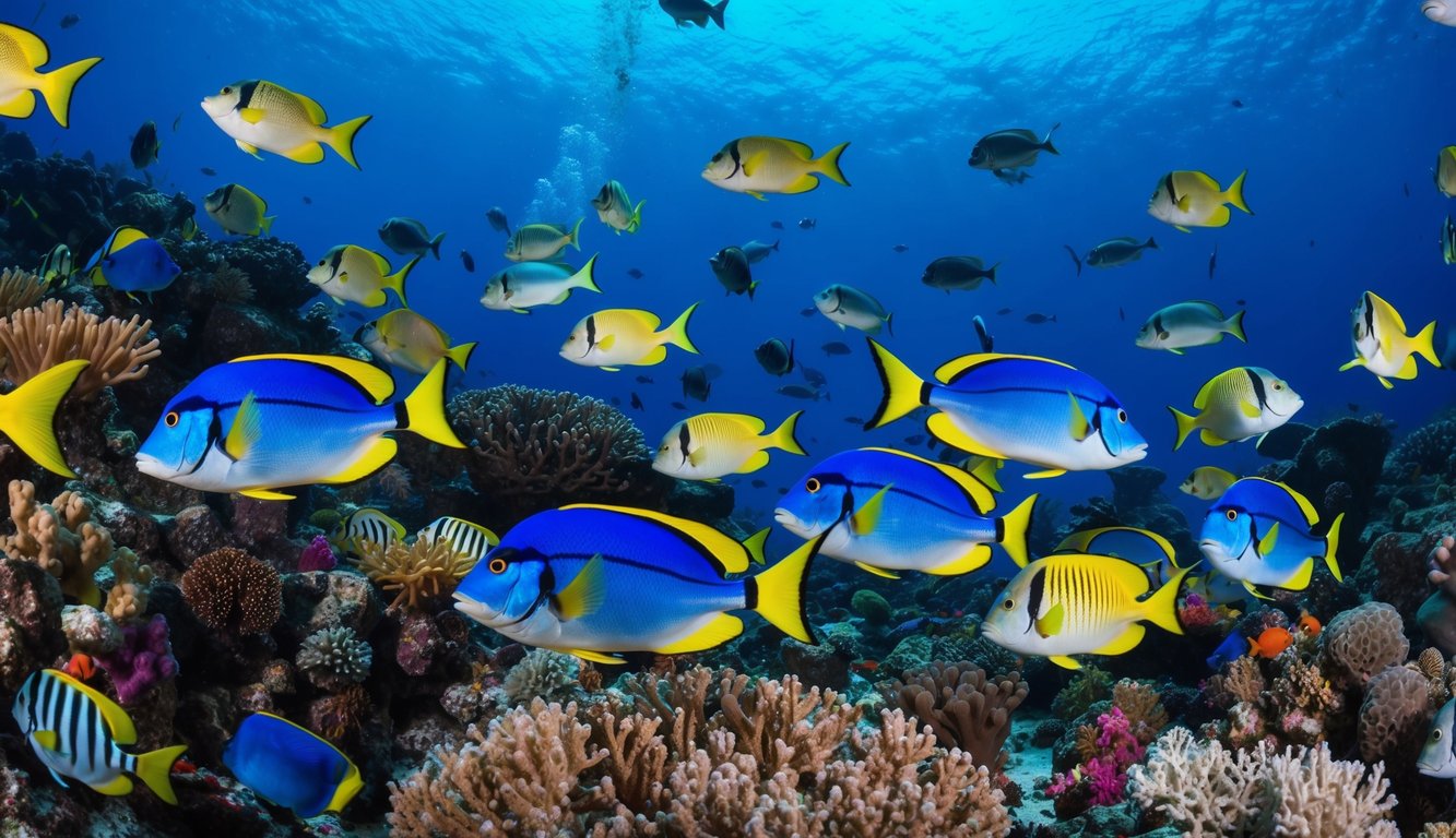 Sebuah dunia bawah laut yang ramai dengan ikan berwarna-warni yang berenang di sekitar terumbu karang yang hidup, dengan beberapa permainan tembak ikan di latar belakang